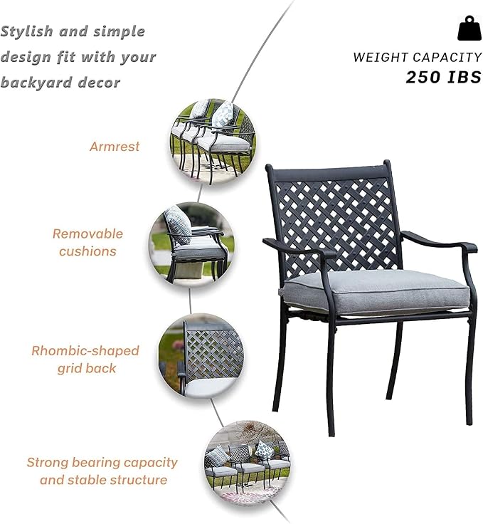 Garden Elements 5-Piece Outdoor Patio Dining Set – 42" Round Table with Umbrella Hole & 4 Armrest Chairs with Cushions – Weather-Resistant Steel, Black/Gray