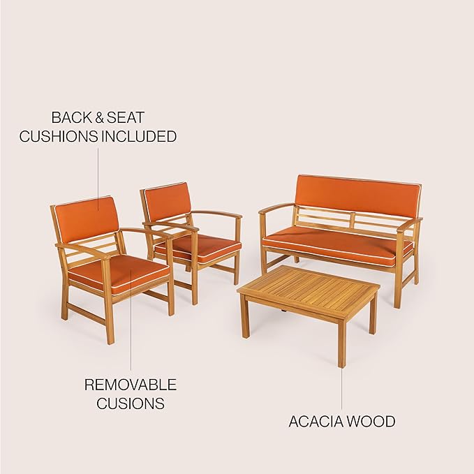JONATHAN Y LVG1000D-4SET Barclay 4-Piece Modern Coastal Acacia Wood Conversation Outdoor Patio Set with Cushions Transitional, Classic, Traditional, Vintage, Mid-Century, Orange/Teak Brown