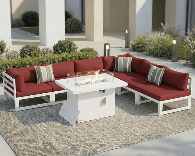NICESOUL 7 Pcs Modern Aluminum Outdoor Patio Furniture Set with Fire Pit Table Propane/Gas, Extra Large All-Weather Modular Sectional Couch, 29" Wide Deep Seating Conversation Sofa for Outside, Red