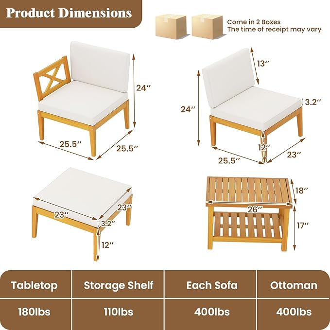 HAPPYGRILL 5 Pieces Acacia Wood Patio Chaise Lounge Chair Set with Ottoman, Outdoor Patio Furniture Set with Cushions and 2-Tier Coffee Table, Outdoor Sectional Conversation Sofa Set for Garden