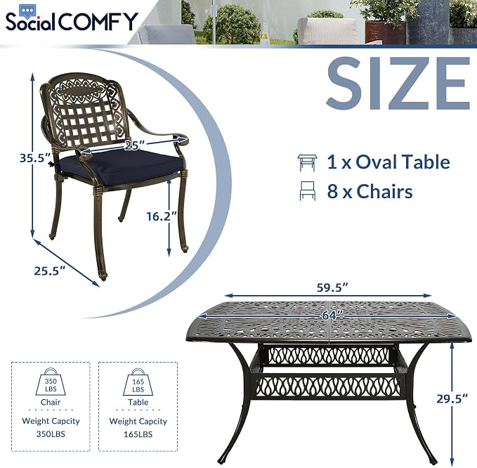9-Piece Patio Cast Aluminum Dining Set, Outdoor Table and Chairs Set for 8, Includes 64" Large Square Dining Table and 8 Cushioned Chairs with Umbrella Hole for Lawn Garden, Navy Blue