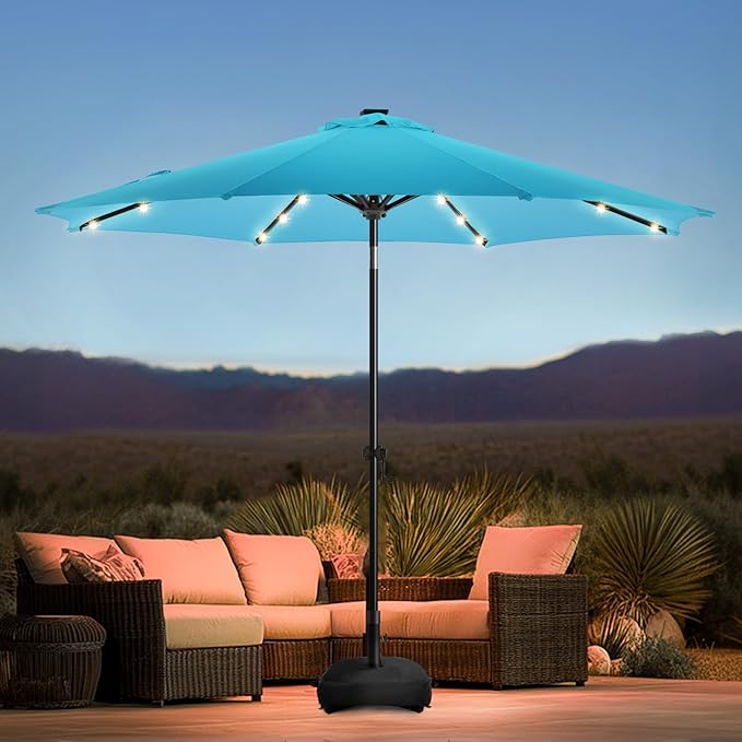 wikiwiki 9FT Solar Led Patio Umbrella with Base Included, 32 LED Lights, 8 Sturdy Ribs, Fade Resistant Waterproof POLYESTER DTY Canopy for Garden, Lawn, Deck, Backyard & Pool, Sky Blue