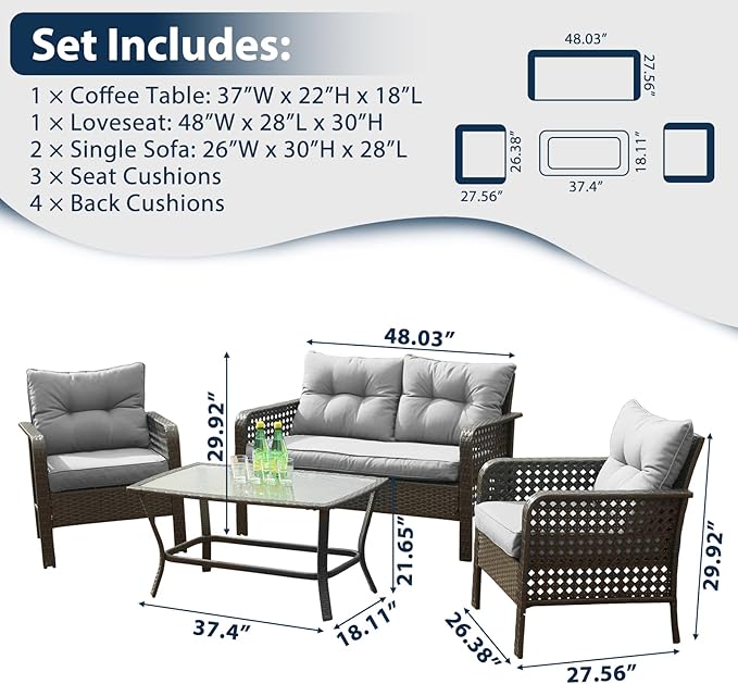 Lepdep Patio Furniture Set Outdoor Furniture - 4 Pieces Wicker Patio Conversation Sets with Loveseat, Rattan Seating Outside Patio Set Coffee Table Chair for Lawn, Deck, Balcony, Backyard. (Grey)