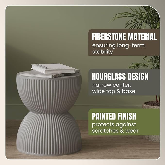 LeisureMod 15" Round Hourglass Fiberstone Side Table, Modern Accent End Table for Indoor Outdoor Use, Durable Small Table for Living Room, Patio, Balcony, or Garden - Grey