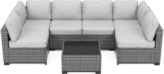 7 Piece Outdoor Patio Furniture Set, PE Rattan Conversation Sofa Set, Wicker Patio Set w/Thick Cushions & Glass Top Coffee Table, All-Weather Outside Furniture for Garden, Balcony, Porch(Grey)
