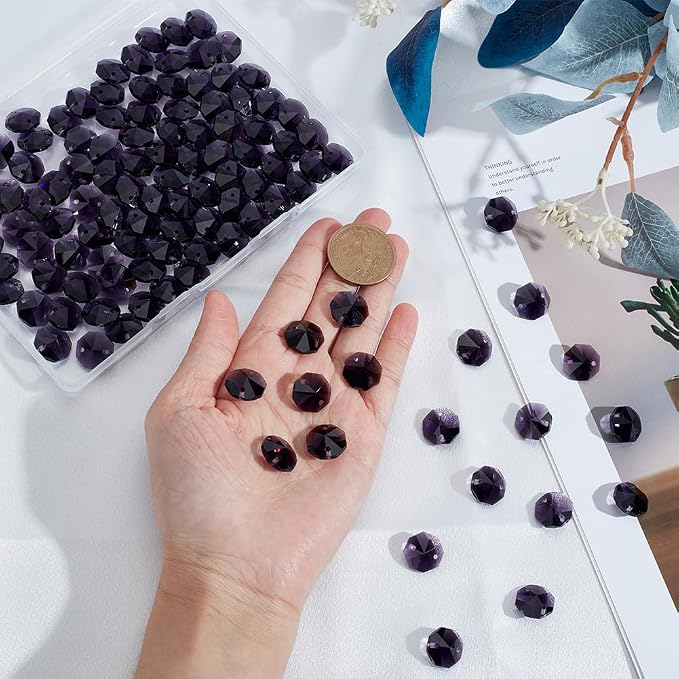 120Pcs 14mm Glass Octagon Beads 2 Hole Crystal Prism Beads Dark Orchid Crystal Chandelier Parts Replacement Connector Sun Catcher Faceted Spacer for Suncatcher DIY Lamp Pendant Jewelry Making