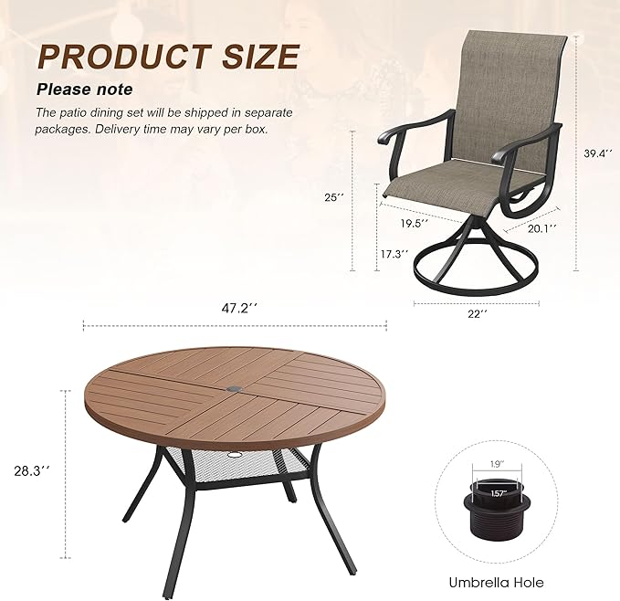 VICLLAX Patio 7 Pieces Outdoor Dining Set, 47.2" Round Metal Table with Umbrella Hole and Storage Shelf, 6 Swivel Textilene Chairs for Lawn, Garden, Porch, Walut/Brown