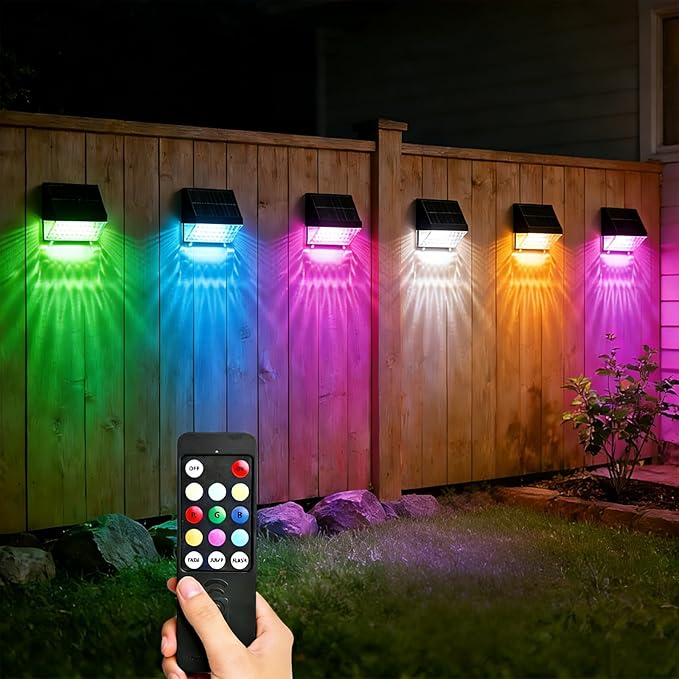 FVTLED Solar Fence Lights Outdoor, RGBW Color Changing Solar Wall Lights Outdoor with Remote Control, Waterproof LED Deck Light for Garden Yard Patio Deck Step Patio Wall (4 Pack)