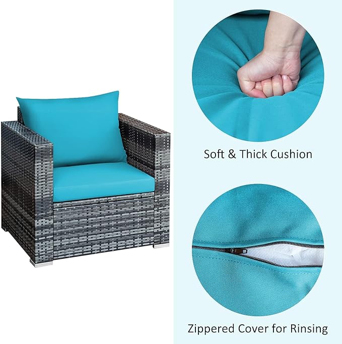 DORTALA 3 Pieces Patio Furniture Set, Outdoor Rattan Sofa Couch Set with Cushions, Tempered Glass Coffee Table, Wicker Patio Conversation Set for Lawn Backyard Poolside Balcony, Turquoise