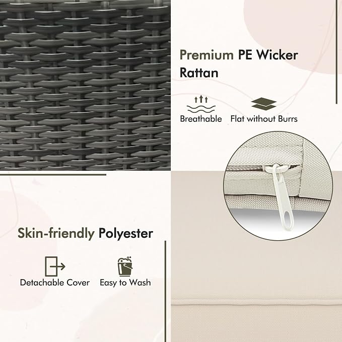 DORTALA Wicker Patio Furniture Set 3 Piece, Small Outdoor Table & Chairs with Tempered Glass Tabletop, Cushions, Rattan Conversation Bistro Set for Balcony, Porch, Backyard, Deck, Mix Gray+Off White
