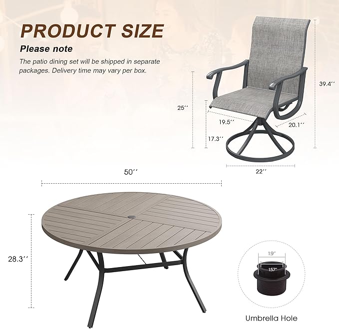 VICLLAX Patio 7 Pieces Outdoor Dining Set, 50" Round Metal Table with Umbrella Hole and 6 Swivel Textilene Chairs for Lawn, Garden, Porch, Grey