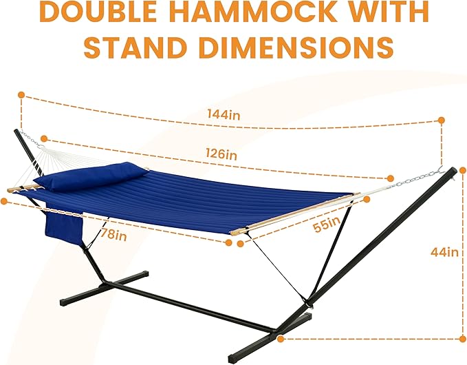 Lazy Daze Hammocks 2 Person Hammock with 12FT Stand for Outside, Quilted Double Hammock with Detachable Pillow, Balance Strap & Carrying Bag Included, 450lbs Capacity, Tool-Free Assembly, Navy Blue
