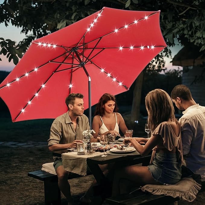 DUMOS LED Outdoor Patio Umbrella 10 FT UV-Resistant Market Umbrella with Tilt Adjustment & Crank Lift, All-Weather Shade for Backyard, Deck, Garden, Beach