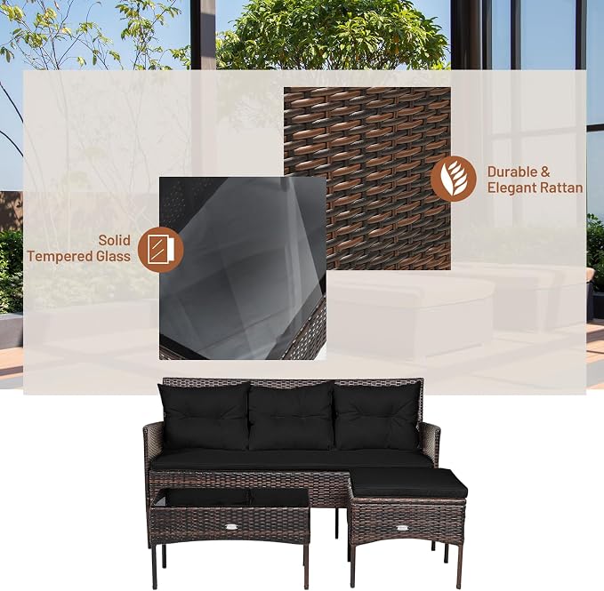 RELAX4LIFE 3 Pieces Patio Furniture Set, Rattan Wicker Sectional Conversation Sofa Set w/5 Seat & Back Cushions, Tempered Glass Coffee Table for Porch Balcony Backyard, Outdoor Furniture (Black)