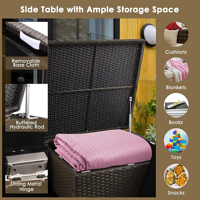 HAPPYGRILL 4 Pieces PE Rattan Wicker Conversation Set Outdoor Patio Furniture Sofa Set with Storage Box and Tempered Glass Coffee Table for Backyard Garden Porch