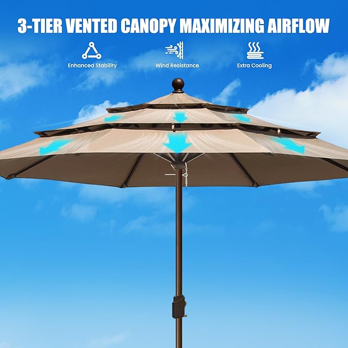 EliteShade USA 10-Year-Non-Fading 11ft 3-Tier Market Patio Umbrella, Commercial Grade Outdoor Table Umbrella with Crank Open, Windproof & UPF 50+ UV Protection, Heavy Duty Ventilation for Garden, Deck, Pool, Backyard, Beach & Bistro, No Tilt, Heather B...