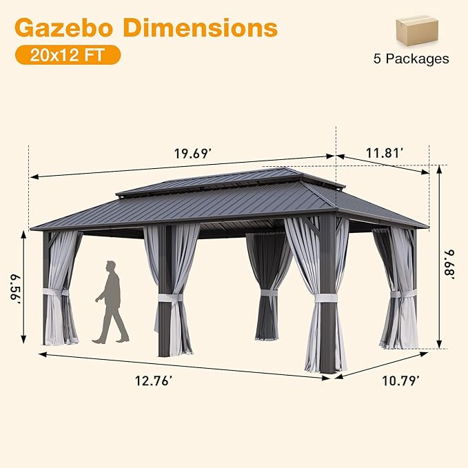 12x20FT Hardtop Gazebo, Metal Frame with Double Galvanized Steel Roof, Permanent Outdoor Pergola with Curtains and Netting Included for Backyard, Patio, Lawn and Garden, Gray