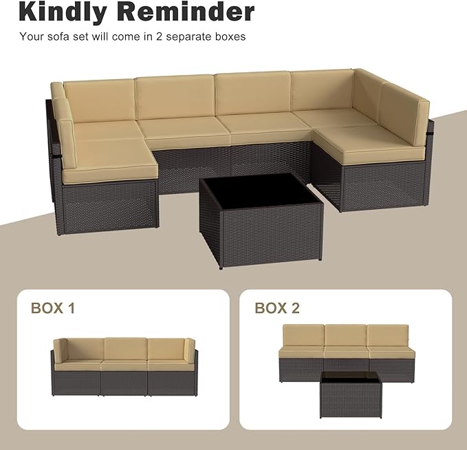 Kinsuite 7Pcs Patio Conversation Set - Wicker Backyard Furniture Outdoor Furniture with Cushions, All-Weather Couch Set with Coffee Table for Garden, Lawn, Deck, Khaki