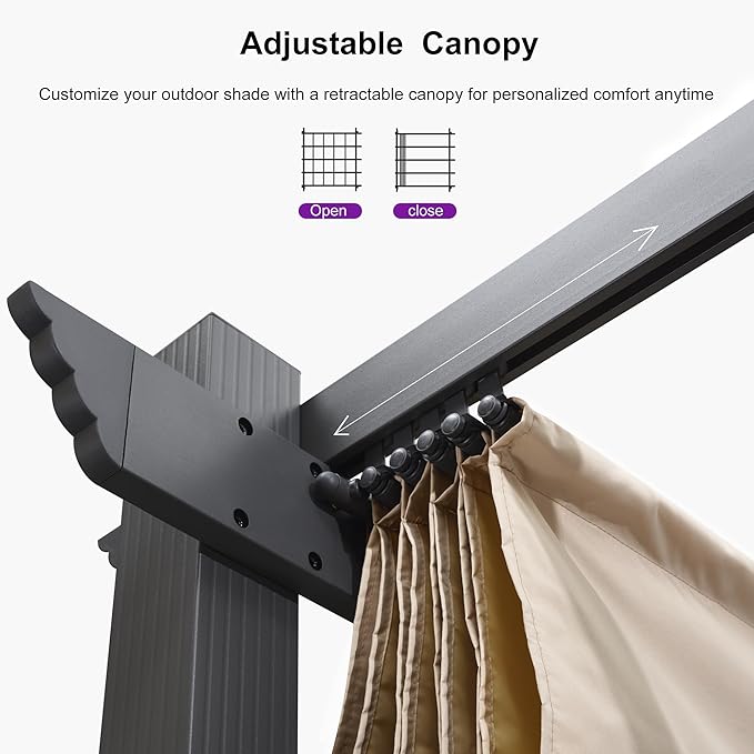 PURPLE LEAF 10' X 13' Outdoor Pergola with 4-Sided Curtains Retractable Canopy Patio Aluminum Sun Shade for Garden Deck Porch Gazebo Pavilion Grill Modern Yard Grape Trellis Pergola Beige