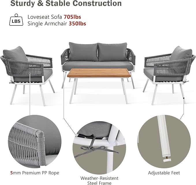 4-Piece Boho Rope Patio Furniture Set, Outdoor Furniture with Acacia Wood Table, Patio Conversation Set with Deep Seating & Thick Cushion for Backyard Porch Balcony, Grey