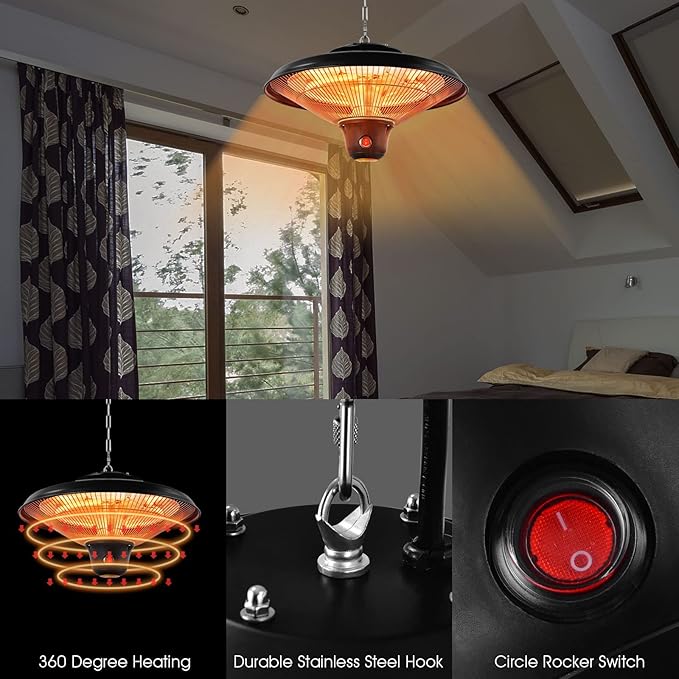 COSTWAY Hanging Patio Heater, 1500W Electric Ceiling Infrared Heater with Remote Control, 3 Heat Settings, Indoor Outdoor Heater for Large Room, Backyard, Balcony (Black)