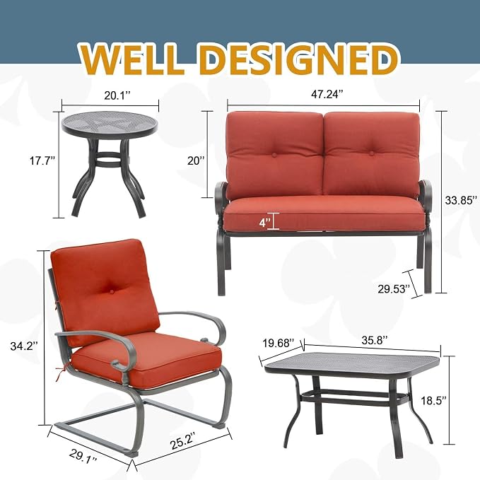 Skiway Outdoor Metal Funiture Set 5Pcs Patio Conversation Set Loveseat, 2 Spring Chairs with Coffee Table and Red Cushions, Wrought Iron Look