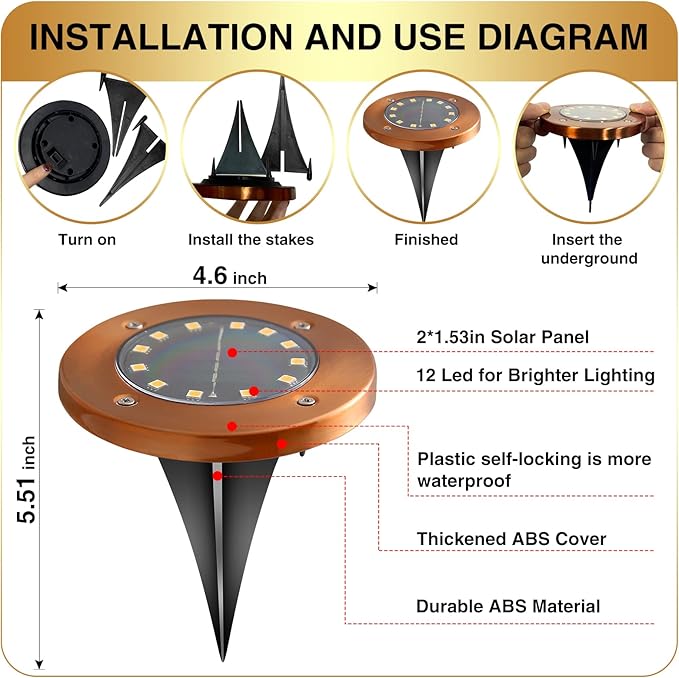 HOFLYW Outdoor In-Ground Lights Solar Disc Lights Outdoor Solar Garden Lights In Ground Solar Landscape Light 8 Pack 12 led for Pathway Yard Patio Walkway(Bronze, 8 Pack)