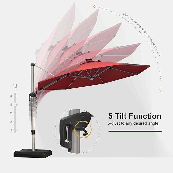 PURPLE LEAF 11ft Patio Umbrella with Lights Outdoor Round Cantilever Solar Powered LED Umbrella with 360-degree Rotation for Garden Deck Pool Patio, Terra