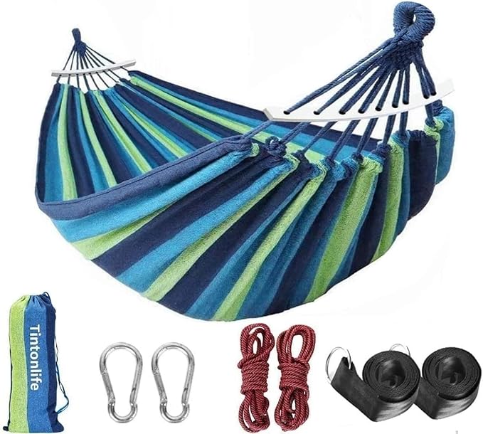 Brazilian Double Hammock 2 Person Canvas Cotton Hammock with Carrying Bag for Patio Porch Garden Backyard Lounging Outdoor/ Indoor Green Stripe Hammock