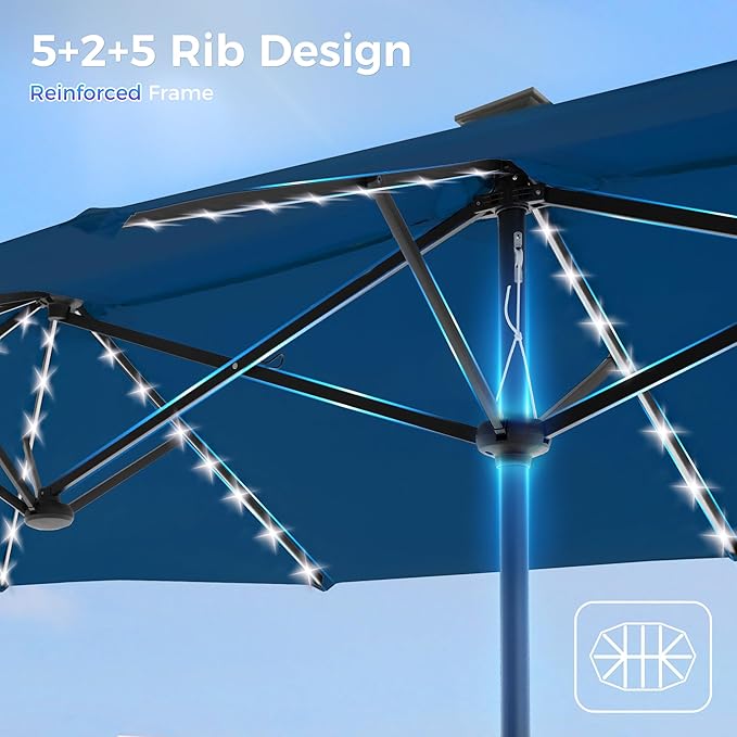 SUPERJARE 13ft Outdoor Patio Umbrella with Solar Lights, Double-sided Deck Pool Umbrella with 1.5 Inch Pole, Fade Resistant Canopy, 12 Sturdy Ribs, for Porch, Market, Backyard, Navy Blue(No Base)