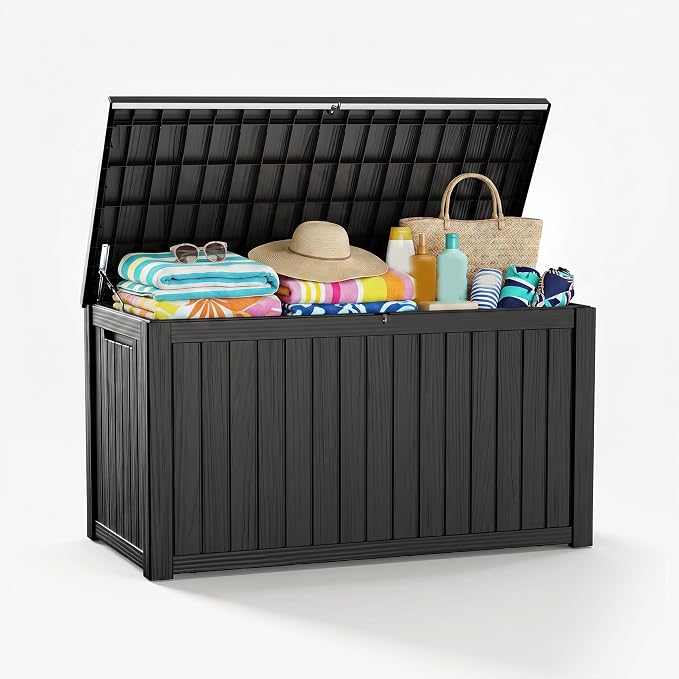 230 Gallon Outdoor Deck Storage Box, All Weather Vertical Wood Grain Lockable Heavy-Duty Storage Bin for Large Patio, Pool & Backyard Outdoor Equipment (Black,230GAL)