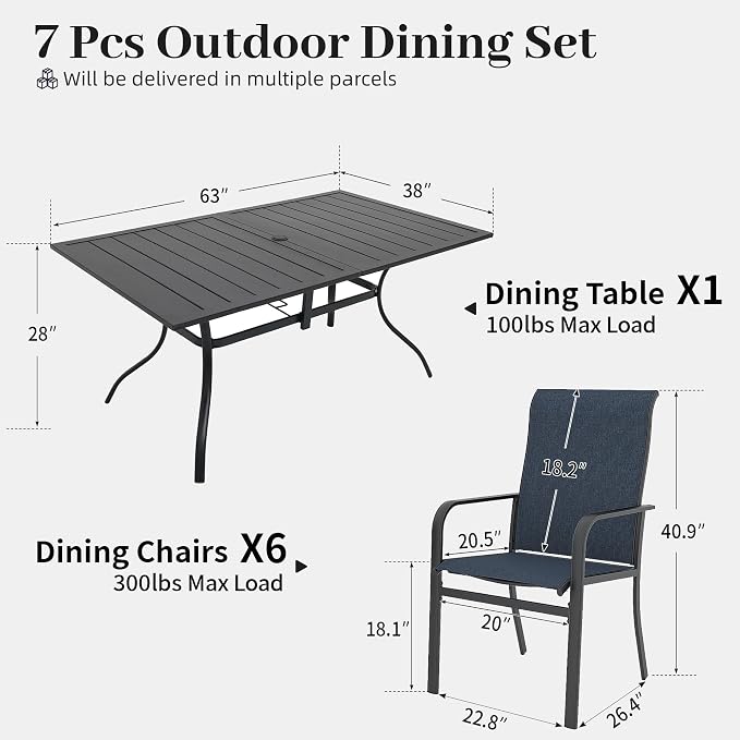 7pcs Patio Furniture Set, Outdoor Dining Table and Chairs Set | 63" Rectangle Metal Patio Table, Textilene Dining Chairs, Double-sized Umbrella Hole, Perfect for Garden Backyard Poolside