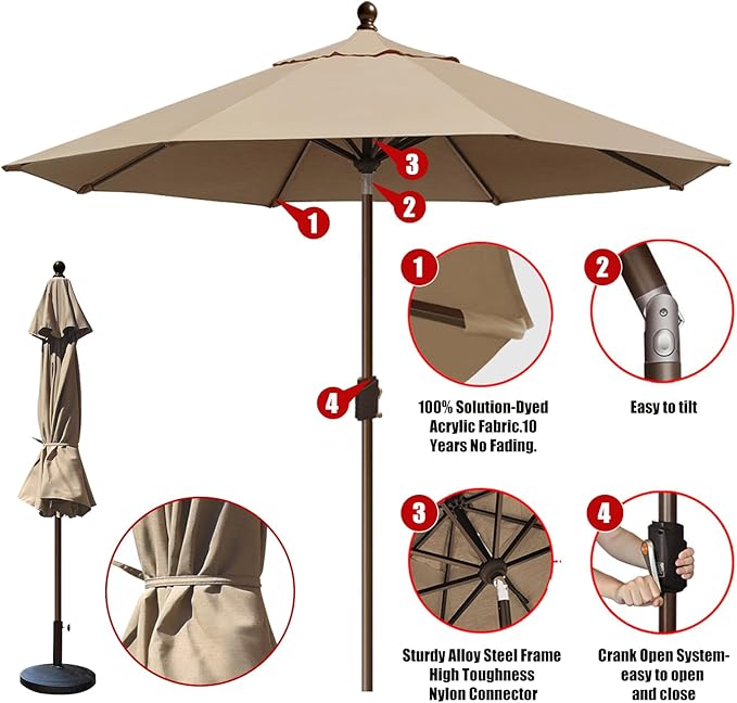 EliteShade USA 10-Year-Non-Fading 10Ft Market Patio Umbrella, UPF 50+ UV Protection Performance Sun Umbrella, Heavy Duty Commercial Grade Outdoor Table Umbrella with Crank & Tilt, Windproof Vented Top for Garden, Pool, Deck and Outdoor Playsets, Heathe...