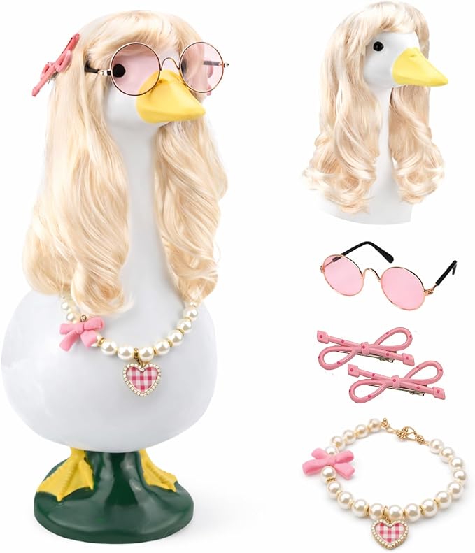Porch Goose Summer Outfits Wigs Blonde 1 Pack Summer Outfits for Porch Goose with Blonde Long Wigs Princess Style Outdoor Decor for Lawn Goose Statues