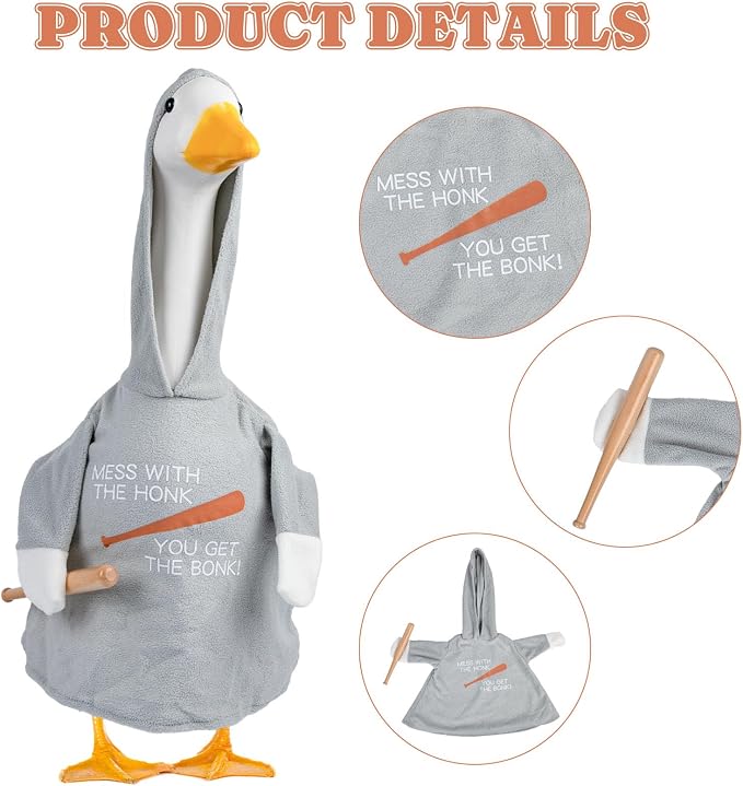 CAMDUCK Porch Goose Hoodie for 23 Inch Goose, Funny Mess with The Honk You Get The Bonk Goose Outfit Clothes, Decorative Lawn Geese Clothes for Yard Garden Patio Decor (Grey)