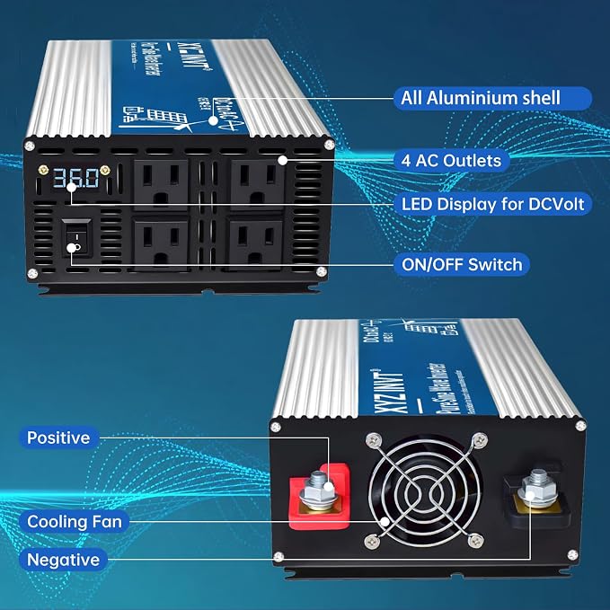 2000W Pure Sine Wave Inverter DC 12V to AC 110V 120V, 3600W Peak Power Inverter with 4 AC Outlets and LED Display for Car, Truck, Solar, Home Off Grid Over 90% Efficiency