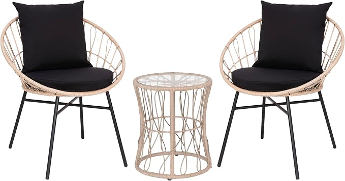 EMMA + OLIVER Ari 3 Piece Boho Patio Set - Tan Finish Faux Rattan Rope Chairs - Black Removable Cushions - Tempered Glass Top Side Table - Indoor/Outdoor