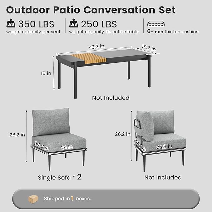 Metal Patio Furniture Set, 2 Pieces Outdoor Sectional Sofa Sets, 6" Thick Cushion Modular Outdoor Armless Loveseat for Balcony, Patio & Courtyard (Gray/Green)