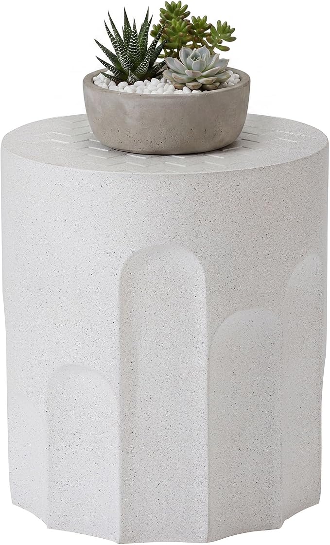 COSIEST Outdoor Side Table, 16.9" Modern Concrete End Table w Chessboard for Patio,Lightweight Round Outside Accent Table & Plant Stand for Garden, Porch, Deck, Balcony，White