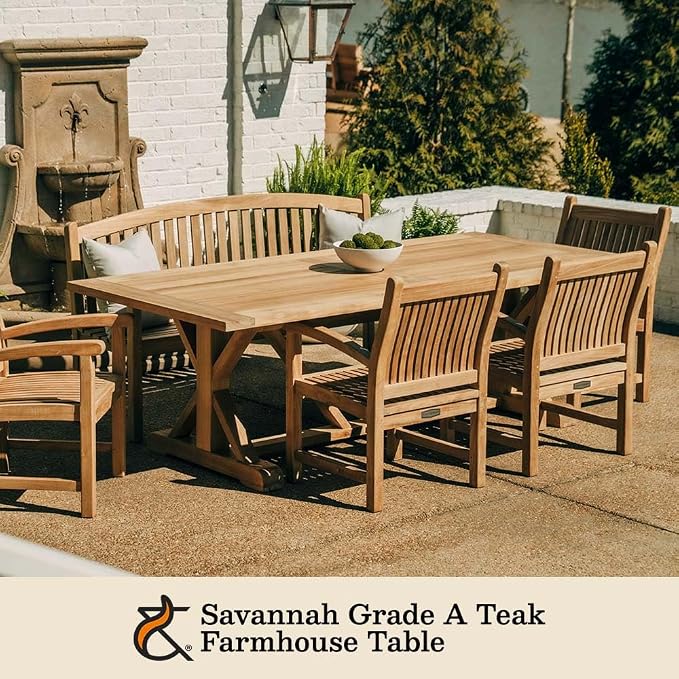 TITAN GREAT OUTDOORS Ash & Ember Savannah Grade A Teak 92.5" Farmhouse Dining Table, Weather Resistant Wood for Garden, Backyard, Patio Indoor Outdoor Patio Furniture, Solid Brass Hardware