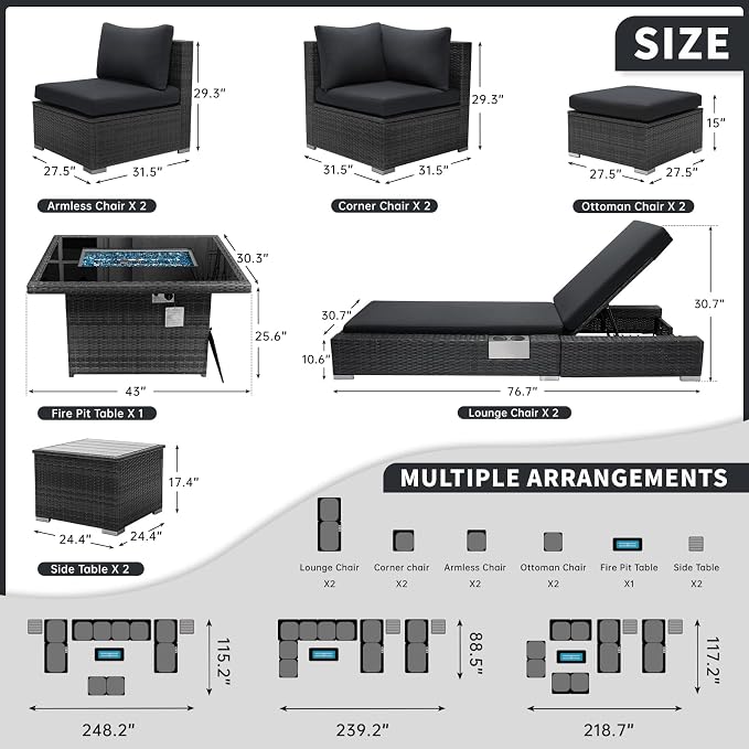 BULEXYARD 11 Piece Large High Back Grey Rattan Patio Furniture Sets with Firepit and Loungers, Comfortable Extra Deep Wide Seat Outdoor Sectional Conversation Couch Sofa Modualr All-Weather, Dark Gray