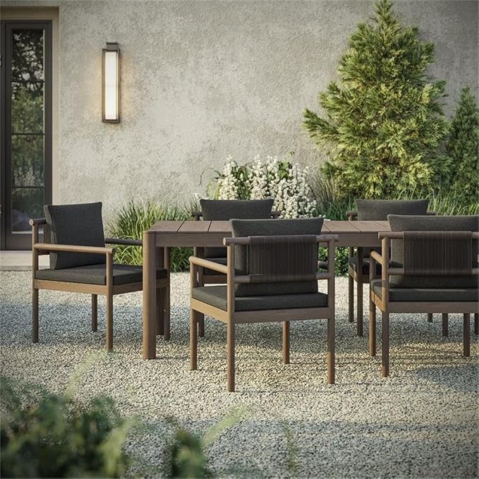 MAKLAINE 7-Piece Outdoor Patio Dining Set, Solid Teak Wood, 89 Inch Rectangular Table, Weathered Gray Flint Finish, Woven Rope Chair Backrest, Removable Cushions, Non-Marking Foot Caps, Deck or Patio