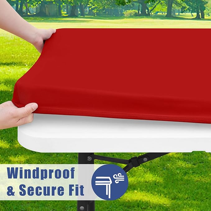 Moosfor Spandex 4 Foot Rectangle Christmas Table Cloth 2 Pack, Elastic Fitted Tablecloths for Picnic, Stretch Washable Patio Table Cover for Outdoor, Camping, Banquet and Parties (Red, 24"x48")