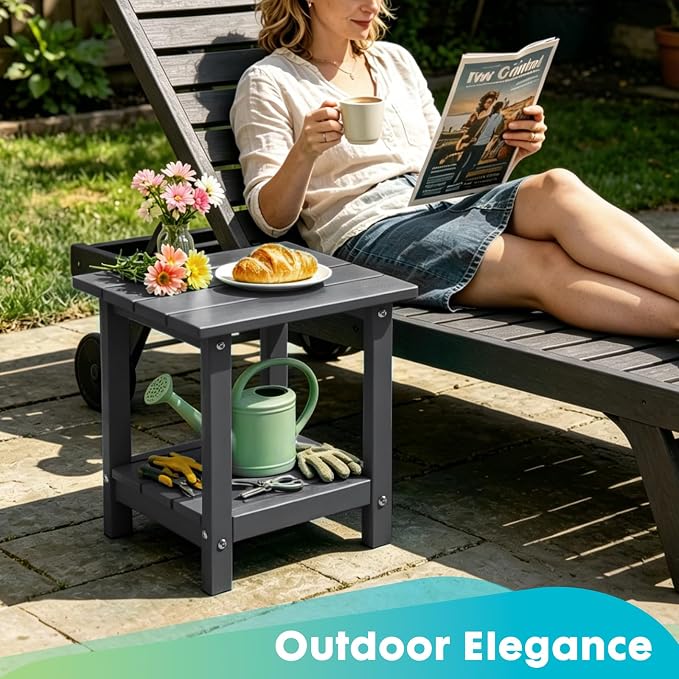 Outdoor 2-Tier Square Side Table, Adirondack Weather Resistant Patio End Table, Low Maintenance HDPE Accent Table for Backyard, Pool, Porch, Deck, Gray