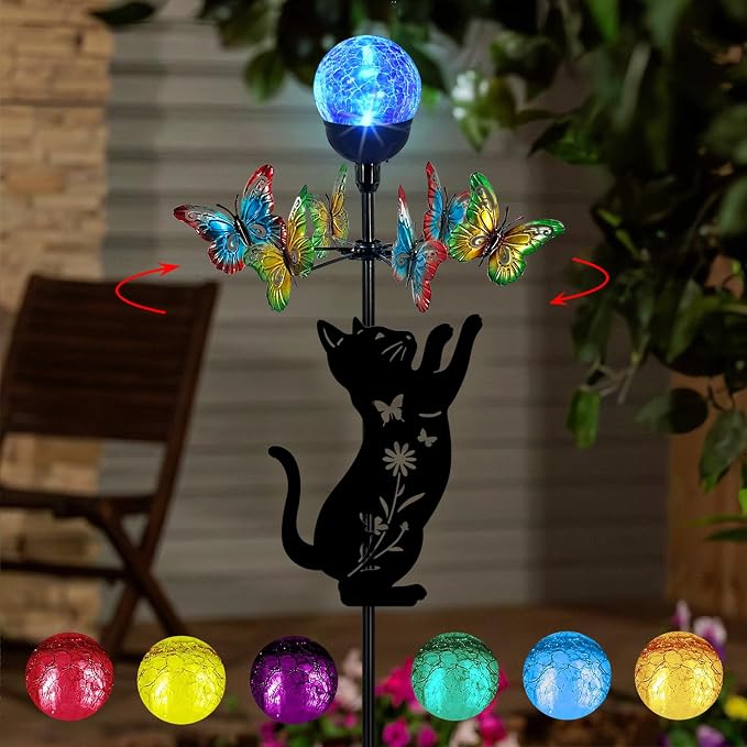 Solar Lights Yard Stake-Butterfly Wind Spinner,Metal Black Cat Garden Decor | Color Changing LED for Patio,Pathway,Lawn,Walkway,Outdoor Decorative