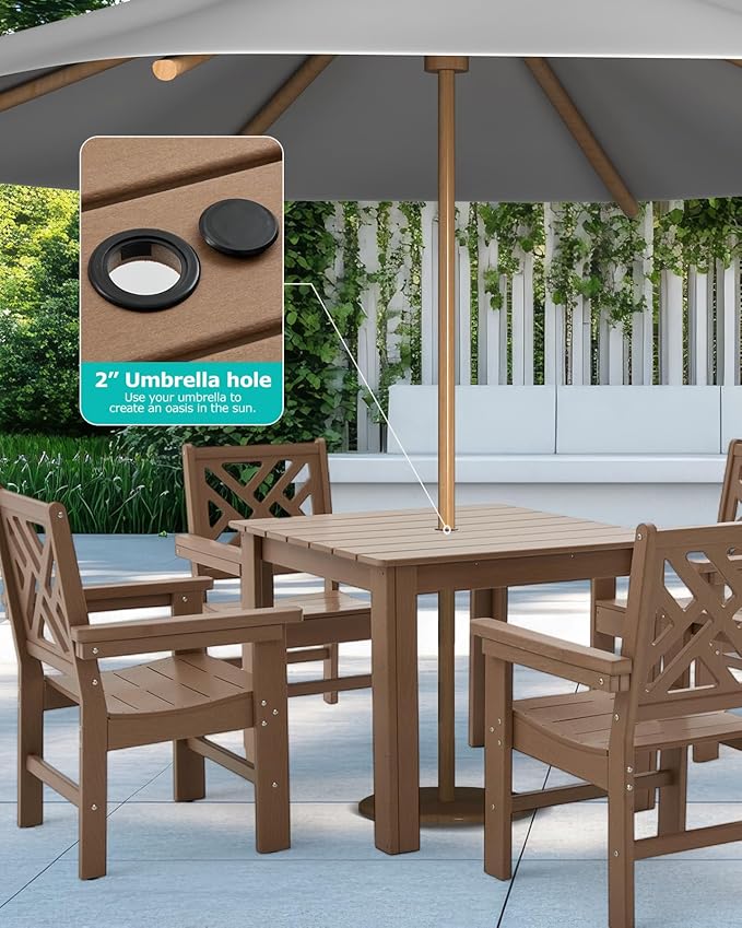 5 Piece HDPE Outdoor Dining Set for 4, Patio Dining Furniture Set with Square Table and Umbrella Hole, Outdoor Table and Chairs for Garden, Poolside, Backyard, Deck (Brown, 5 Piece Square Set)