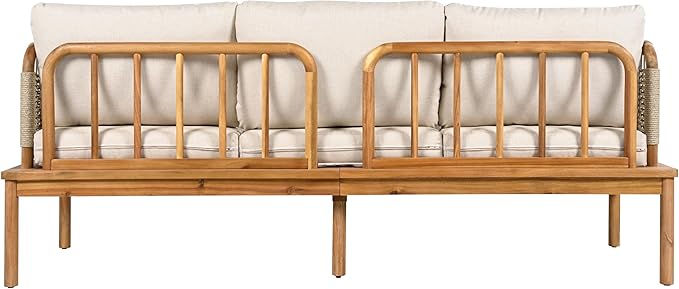Christopher Knight Home Coby 3-Piece Acacia Wood Patio Furniture Set, Outdoor Conversation Sofa Set with Coffee Table and Ottoman, Patio Sectional Chat Set for Backyard or Balcony, Teak+Beige