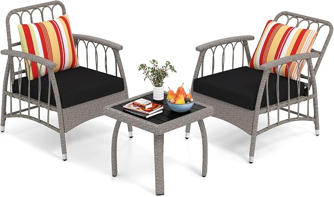 Tangkula 3 Pieces Patio Wicker Furniture Set, 5-Level Adjustable Backrest Cushioned Outdoor Conversation Bistro Chairs and Coffee Table Set, for Lawn, Garden, Poolside and Balcony (Mix Grey)