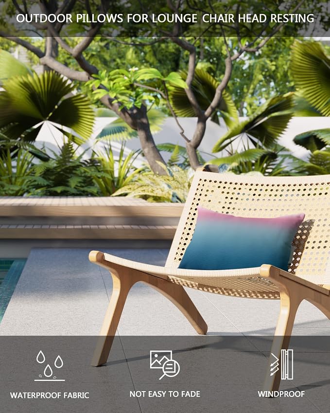 Outdoor Pillows Covers with Inserts Pink Blue Ombre Stripe Line Gradient Waterproof Recliner Pillow with Adjustable Strap Throw Pillows for Patio Furniture Pool Lounge Chair, 12x20 Inch, 2PCS