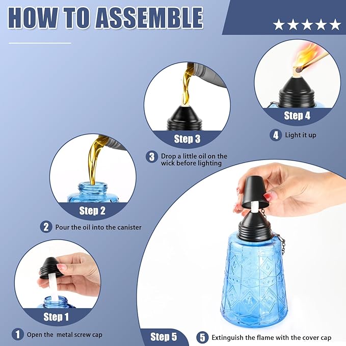 4-Pack Glass Table Top Torches - 12oz Refillable Citronella Torches Canisters for Outdoor, Includes Wick & Cap, Decorative Lanterns for Patio, Garden, Yard, Party, Landscape(Blue)